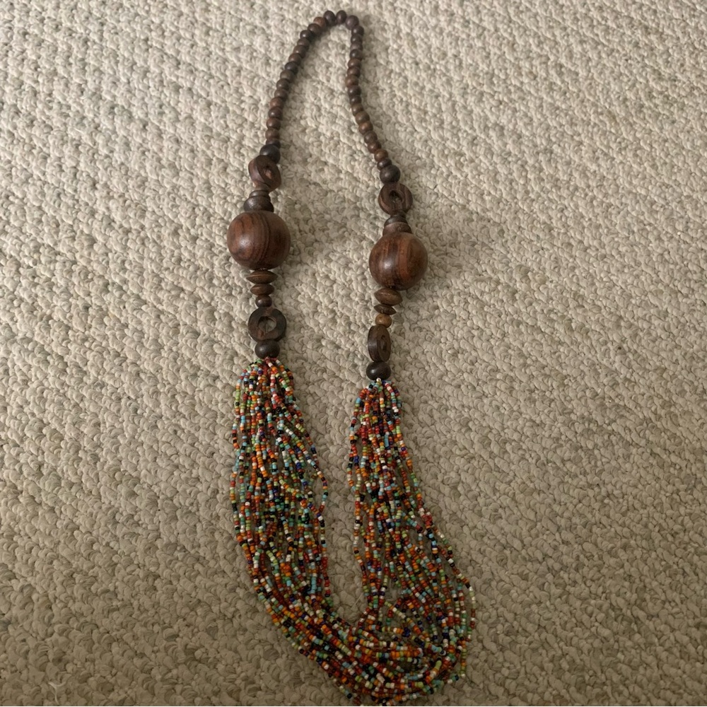 Vintage Glass Seed Beads/Wooden Necklace With 16”l Drop Colorful